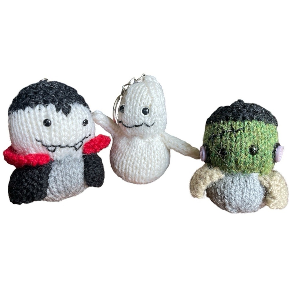 Handmade Halloween Keyring Ghost Dracula Frankestein Set of 3 Bag Charms Knitted